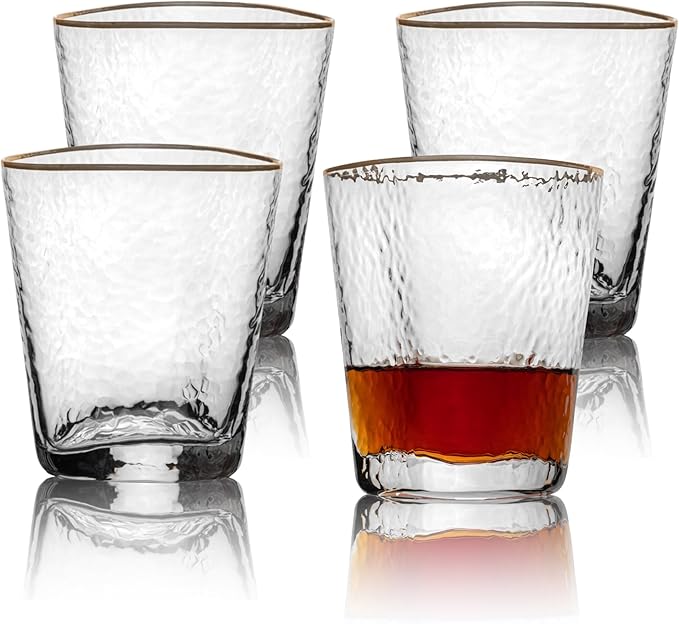 Bec's Designs Whiskey Glasses Set of 4 – 10 oz Gold Rimmed Hammered Lowball Bourbon and Cocktail Glasses – Stylish Whiskey Gift for Men