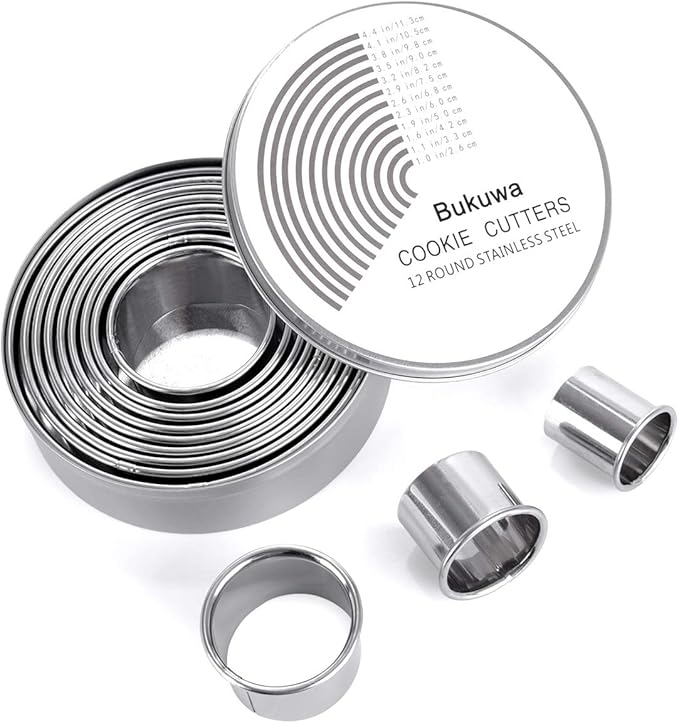 12 Pieces Round Cookie Biscuit Cutter Set,Graduated Circle Pastry Cutters,18/8 Stainless Steel Cookie Cutters and Donut Cutter Ring Molds