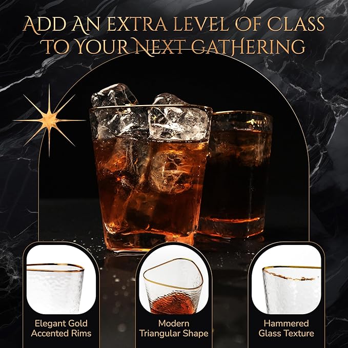 Bec's Designs Whiskey Glasses Set of 4 – 10 oz Gold Rimmed Hammered Lowball Bourbon and Cocktail Glasses – Stylish Whiskey Gift for Men