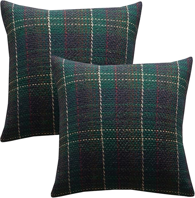 Green Plaid Pillow Covers 20x20 inch Set of 2 Knitting Tartan Pillow Cases Winter Xmas Farmhouse Cushion Covers for Sofa Bed