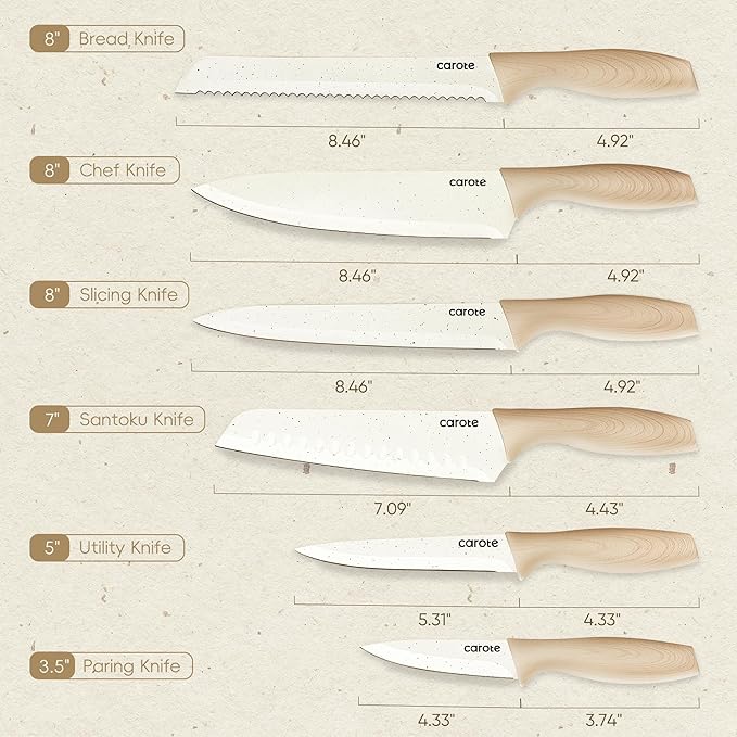 CAROTE 12PCS Knife set with Blade Guards,Granite Nonstick Ceramic Coating,Stainless Steel blade, Wood Grain Handle, Essential knife set,White