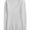 Light Gray Longline V-Neck Cable Knit Sweater