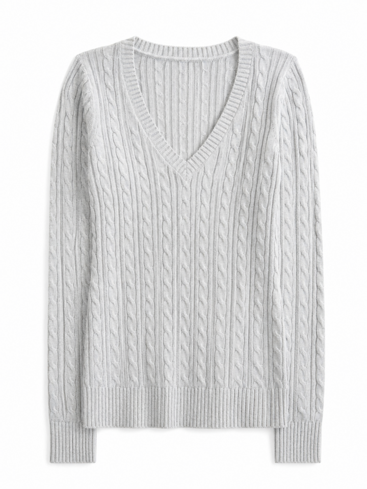 Light Gray Longline V-Neck Cable Knit Sweater