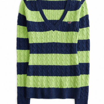 Lime and Navy Striped Cable Knit Pullover Sweater