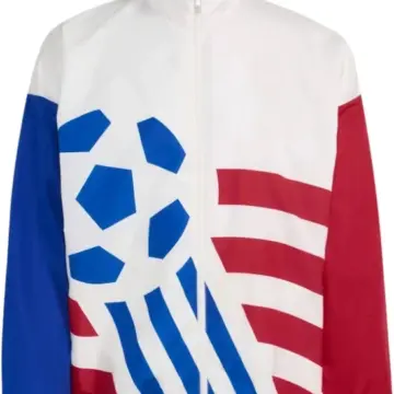 White Track Jacket with Blue and Red Color-Block Sleeves
