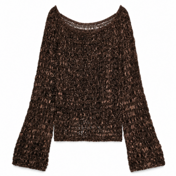 Dark Brown Open-Knit Loose Sweater with Wide Sleeves