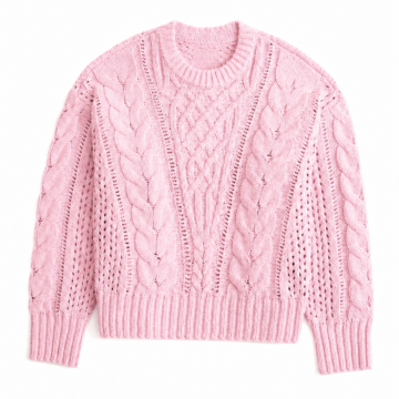 Light Pink Diamond Cable Knit Crew Neck Sweater - Cropped