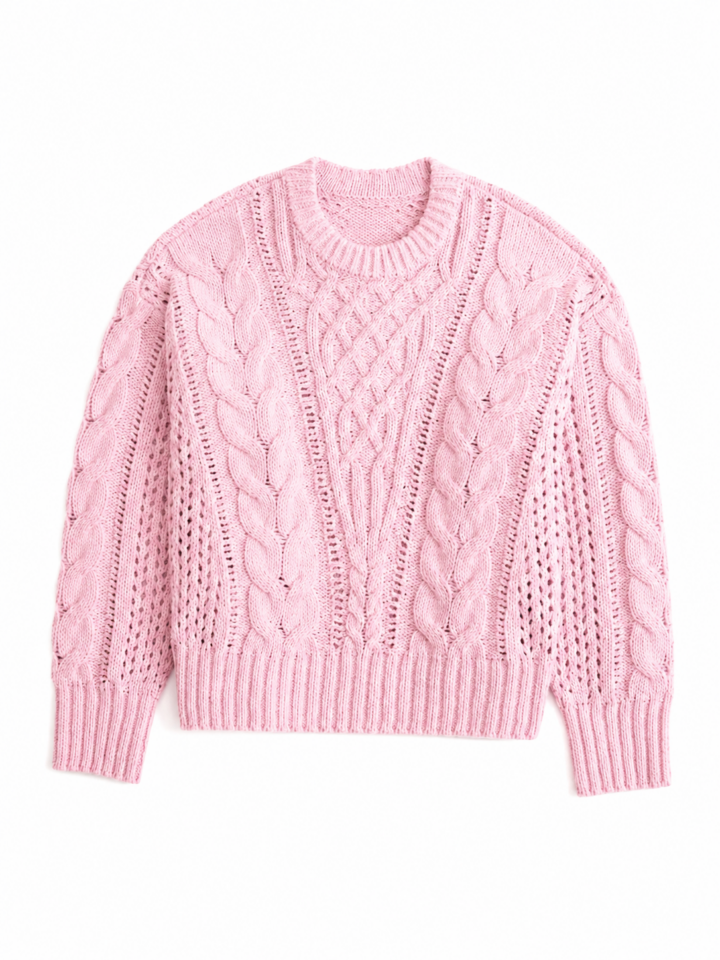Light Pink Diamond Cable Knit Crew Neck Sweater - Cropped