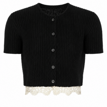 Black Cropped Cardigan with Lace Trim and Short Sleeves