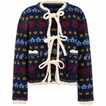 Navy Floral Jacquard Knit Cardigan - Cropped Boxy with Crochet Trim