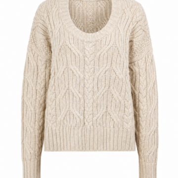 Cream Cable-Knit Sweater with Deep Scoop Neckline