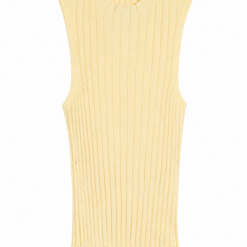 Pale Yellow Sleeveless Mock-Neck Ribbed Knit Top