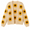 Cream Crochet Cardigan with Yellow Sunflowers - Open Front Long Sleeve