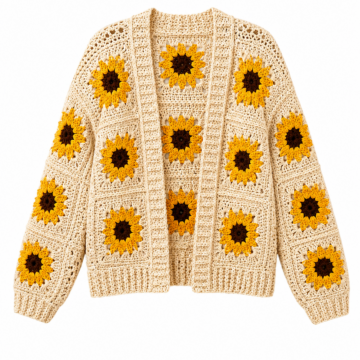 Cream Crochet Cardigan with Yellow Sunflowers - Open Front Long Sleeve