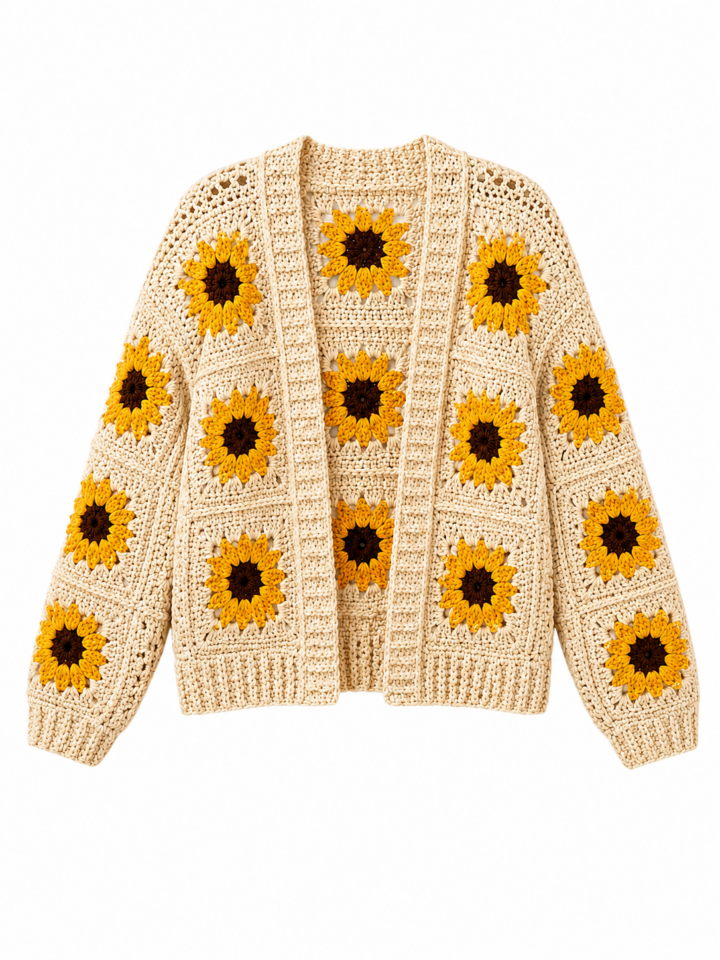 Cream Crochet Cardigan with Yellow Sunflowers - Open Front Long Sleeve