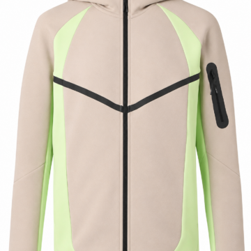 Beige and Neon Green Full-Zip Hooded Jacket with Black Chevron Stripe