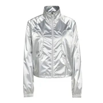 Silver Metallic Cropped Track Jacket with High Collar and Zippered Pockets