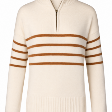 Cream and Rust Striped Quarter-Zip Mock Neck Knit Sweater