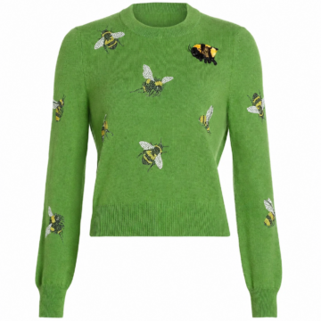 Green Crew Neck Knit Sweater with Bee Embroidery - Regular Fit