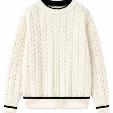 Cream Cable-Knit Sweater with Contrast Black Stripes