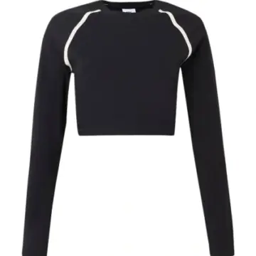 Black Fitted Cropped Long-Sleeve Top with White Contrast Raglan Seams