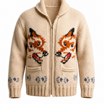 Beige Fox Intarsia Zip-Up Cardigan Sweater