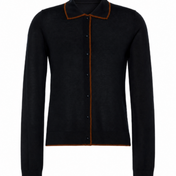 Black Long-Sleeve Knit Cardigan with Rust Trim Polo Collar