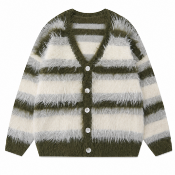 Olive Green V-Neck Striped Relaxed Cardigan