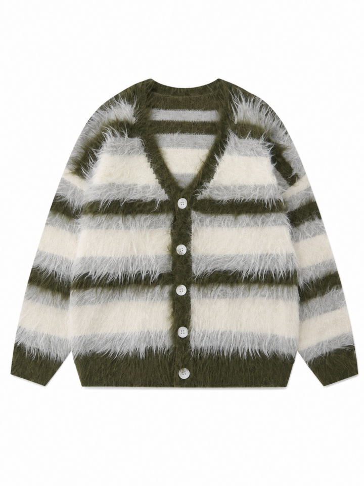Olive Green V-Neck Striped Relaxed Cardigan