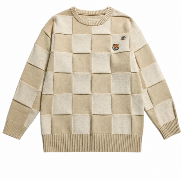 Cream Oversized Checkerboard Crew Neck Sweater