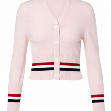 Pale Pink V-Neck Cropped Cardigan with Stripe Trim