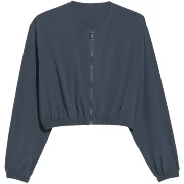 Dark Blue-Grey Cropped Zip-Up Jacket with Collarless Neckline