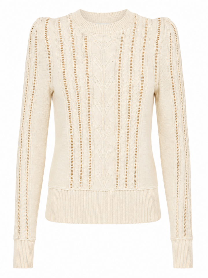 Cream Fitted Cable Knit Crew Neck Sweater
