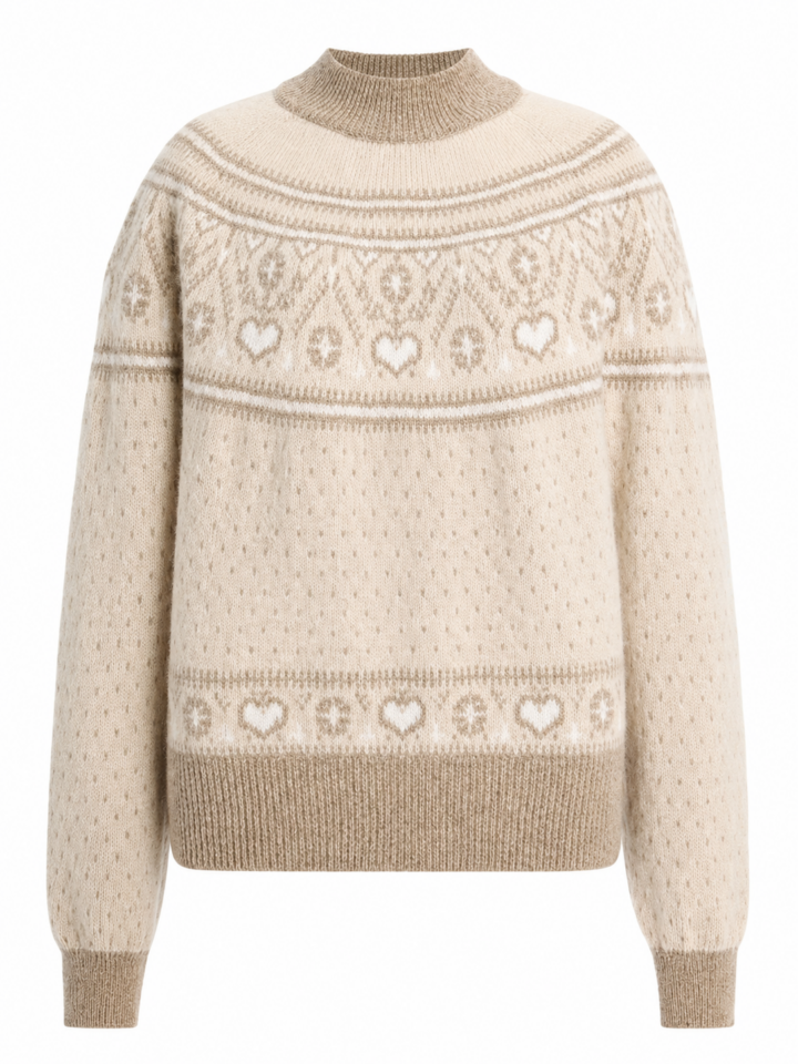 Cream Fair Isle Mock Neck Sweater with Taupe Geometric Pattern