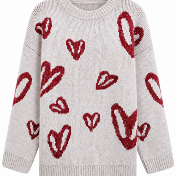 Light Grey Crew Neck Sweater with Red Heart Pattern