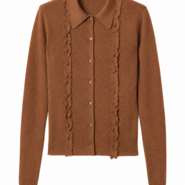 Brown Pointelle Knit Cardigan with Ruffled Trim