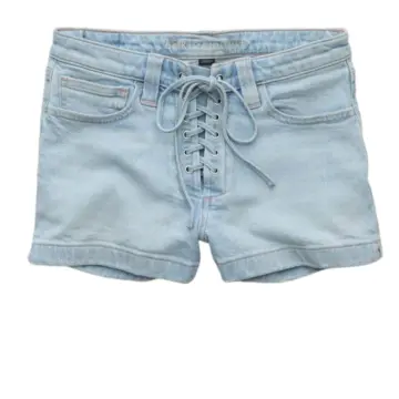 Light Wash Lace-Up Fitted Denim Shorts
