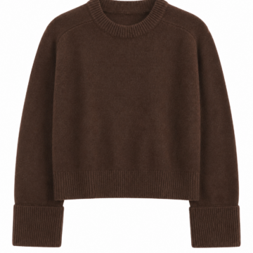 Dark Brown Cropped Crew Neck Sweater with Ribbed Cuffs