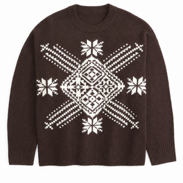 Dark Brown Fair Isle Knit Sweater with White Geometric Pattern
