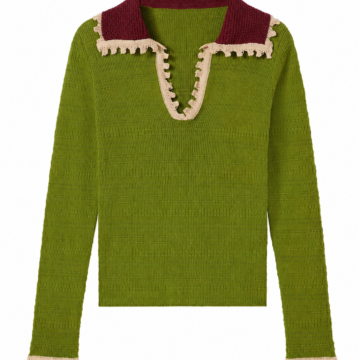 Olive Green Ribbed Knit Pullover with Burgundy Collar and Lace Trim