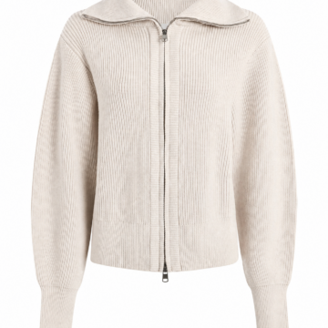 Off-White Zip-Up Ribbed Cardigan with Spread Collar