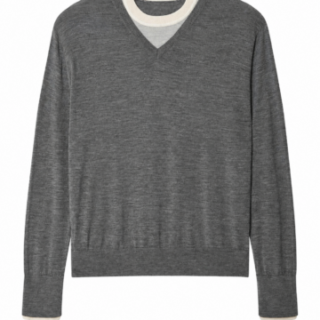 Heathered Grey V-Neck Pullover with Off-White Trim