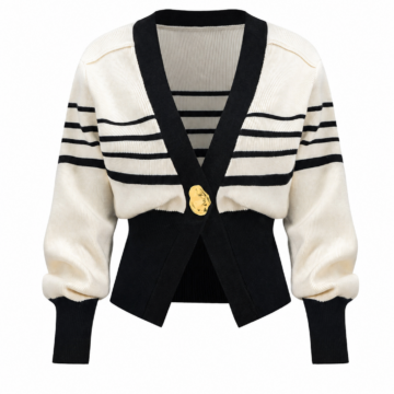 Cream and Black Striped Cropped Cardigan
