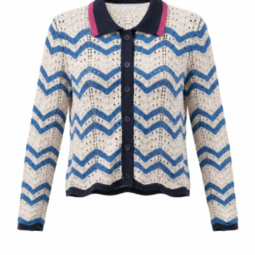 Blue Chevron Zigzag Knit Cardigan with Contrast Trim