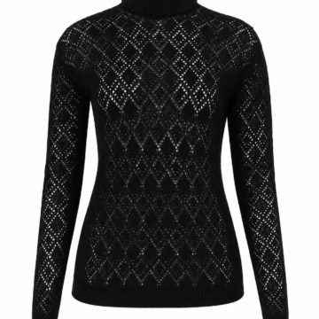 Black Fitted Turtleneck Sweater with Pointelle Knit