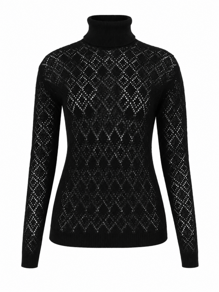 Black Fitted Turtleneck Sweater with Pointelle Knit