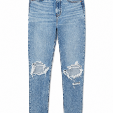 High-Rise Straight-Leg Distressed Jeans in Medium Blue