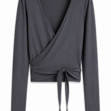 Dark Grey Cropped Wrap Top with Deep V-Neck