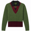 Olive Green Cable-Knit V-Neck Sweater with Black Pointed Collar