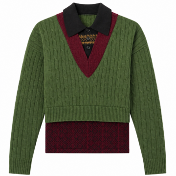 Olive Green Cable-Knit V-Neck Sweater with Black Pointed Collar